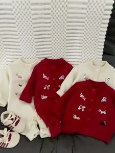 Boys red sweater for autumn and winter festive top for infants childrens New Years greeting outfit baby girls thickened cardigan for the New Year