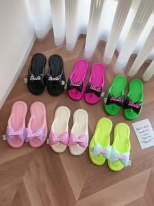 [Free Shipping] Summer Sweet Barbie Letter Color-Block Bow Beach Flip-Flops Flat-Heel Eva Sandals For Beach Vacation WomenS