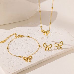 Bow Pendant Necklace Women Gold Ribbon Chain Ear Stud  Bracelet Hypoallergenic Jewelry Gift