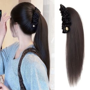 GGR Elegant Banana Claw Clip Ponytail Wig with Grab Clip Synthetic Long Straight Layered Ponytail Sweet Fluffy Polka Dot Pony Tail Hair Piece For Women
