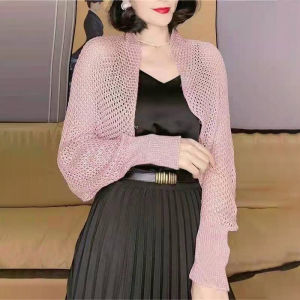 Christmas gift 【AYLMER】 Summer Women Solid Color Hollow Out Long Sleeve Sunscreen Loose Knitted Cardigan