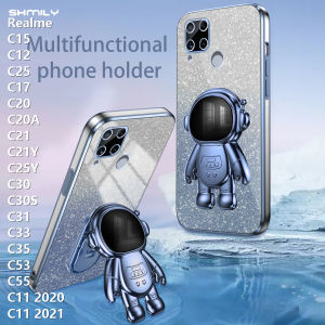 For Realme C15/C12/C25/C17/C20/C20A/C21/C21Y/C25Y/C30/C30S/C31/C33/C35/C53/C55/C11 2020/C11 2021 Fashion Gradient Astronaut Stand Case Luxury Starry Sky Flash Powder Electroplated Soft Silicone Cover