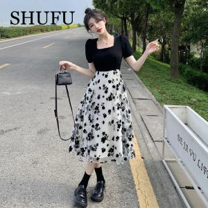 SHUFU 5102 Ready Stock Fake two pieces short sleeve dress for women plus size korean style casual floral dress maxi dresses