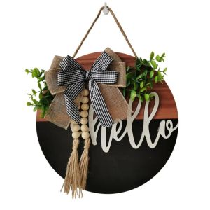 FFBH 30cm 11.81in Wooden Welcome Sign Artificial Flower Plant Round Shape Hanging Decoration American Country Style Welcome Hello Z1H5K