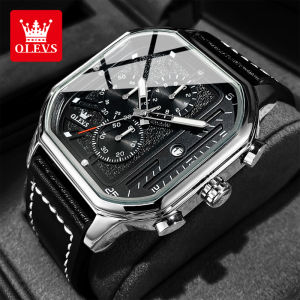 OLEVS Wristwatch Men Waterproof Original Athletic Simple Fashion Leather Watch Band Date Luminous Multi Function Chronograph Quartz Watch