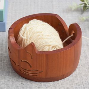 GONUUWGL Cat Shaped Wooden Yarn Bowl With Holes Practical Storage Basket Durable Handmade Knitting Storage Bowl Crocheting