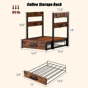 Wooden Coffee Machine Base Drawer Storage Rack With 8 Hooks Tea Bag Storage Rack Pull-Out Coffee Capsule Storage Rack Countertop Spice Shelf Rack Storage Box For Kitchen Office Coffee Bar Restaurant 