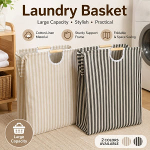 Waterproof Laundry Basket Cotton Linen Foldable Wooden Handle Large Capacity Sundries Storage Bag