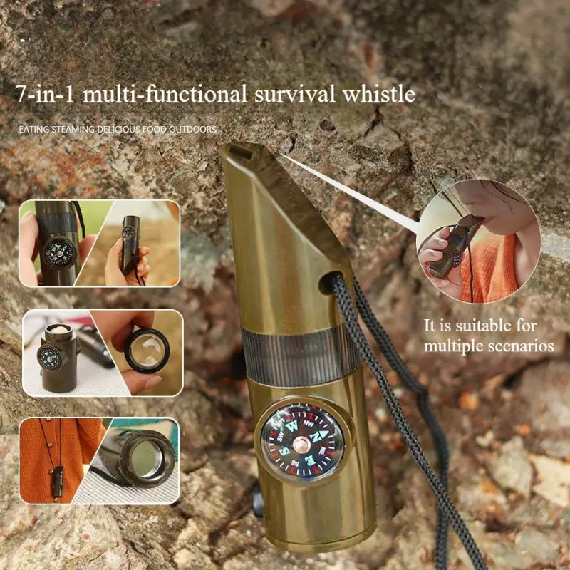 Multifunctional Whistle 7In1 Survival Bush Craft Trekking Compass Mirror Torch Magnifier Led Life-saving Whistle Led Light