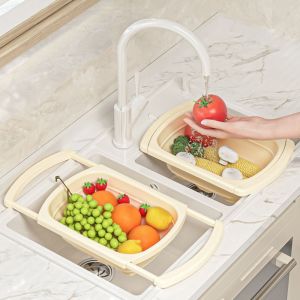 LIANG Foldable Bottom Fruit Vegetable Washing Basket Extendable Handle Large Capacity Collapsible Colander Household Plastic Sink Filter Basket Tableware
