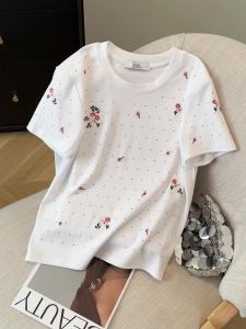 Ammin Áo thun cotton ngắn tay in họa tiết chấm bi thời trang cổ tròn đơn giản mùa hè 2024 áo cánh Thêu Hoa Nữ tinh tế phiên bản Hàn Quốc