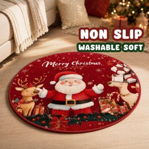 Christmas Round Carpet Anti-slip Floor Mat Washable Plush Water Absorbent Bath Rug Christmas Tree Skirt Cover Decor Bedroom Living Room Mat