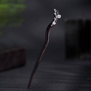 New 100% S925 Pure Silver Womens Men Retro Hairpin Ebony Wood  Plum Blossom Chinese style Hanfu Hair Accessories Jewelry