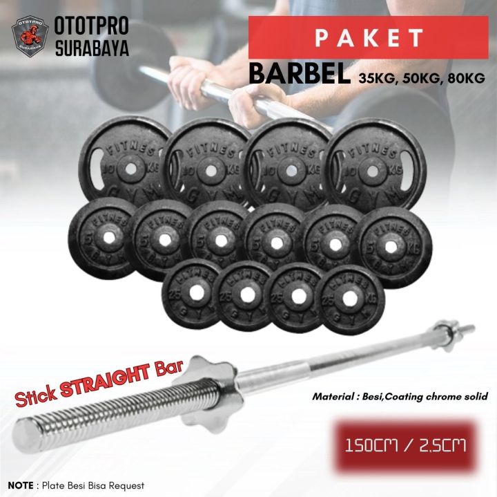 Ototpro Surabaya Paket Stick 150cm Lubang 3cm + Plate beban besi Dumbell Barbel Bar