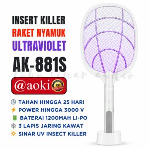 Raket Nyamuk Elektrik Tahan 25 Hari Insect Killer AOKI AK-881S Mosquito Racket 3 In 1 Raket Nyamuk Dengan Lampu Ultra Violet - Kawat 3 Lapis Lebih Aman Lebih Efektif Membunuh Nyamuk - TOKO SINAR AUDIO