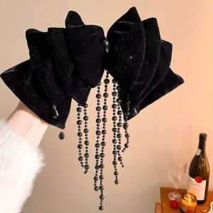 Jepit Rambut Pita JUMBO Bahan Velvet Rumbai Permata Large Velvet Bow Tassel Hair Clip HCO024