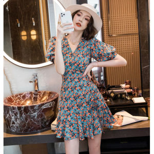 ELF TRIBE French Style Dresses Puff Sleeve V-neck High Waist Ruffle Floral Dress for Women