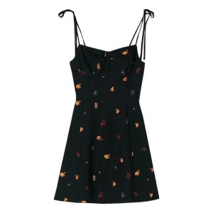 KAYKAI ชุดเดรสสายเดี่ยว เข้ารูป ลายผลไม้สีดำ สไตล์ฝรั่งเศษ แฟชั่นเรโทร # DS055-1