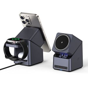 PKWP 4 ใน 1 ที่ชาร์จไร้สายหมุนแม่เหล็ก พร้อมนาฬิกา ไฟฟ้า แท่นชาร์จโทรศัพท์ คุณภาพสูง ปรับได้ สถานีชาร์จหูฟังนาฬิกา