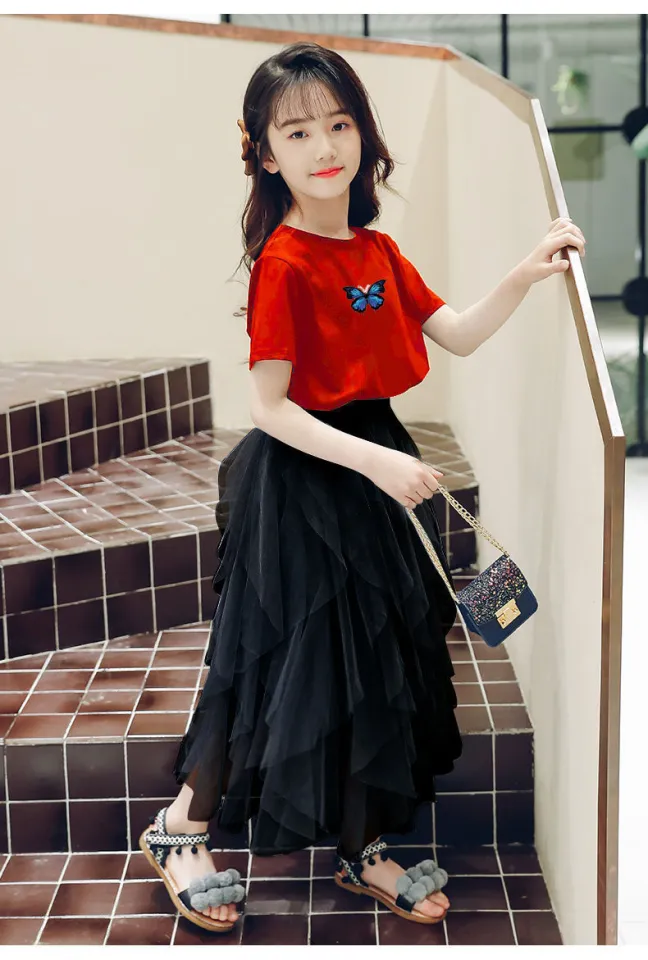 Dorila 100-160cm Girls' T-shirt Skirt Suit Gauze Tutu Skirt Two