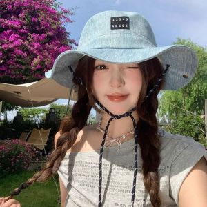 HEFEI Lightweight Western Cowboy Hat Wide-Brimmed Sunscreen Fisherman Hat Sun Cap Cloth Denim Bucket Hat Women