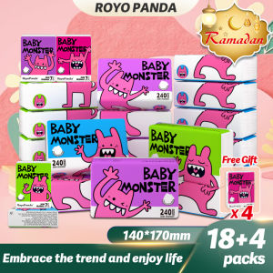 【18+4Packs】RoyoPanda Baby Monster Deluxe Comfort Thick Tissue Paper 5-Ply  Facial Tissue 240Sheets/Pakcs 140*170mm
