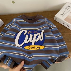 7106 Children Hoodies 2025 Winter New Plus Velvet Baby Boys Sweatshirts Striped Letters Fashionable Girls Pullover Tops2026