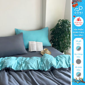 Bộ chăn mền ga gối GONI CHILL màu Xanh Xám - Ga drap giường bo chun cao 4-25cm kích thước 1m 1m2 1m4 1m6 1m8 2m2