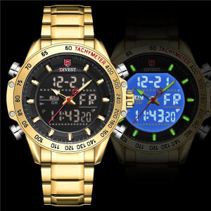 DIVEST LED Digital Quartz Dual Display Multifunction Top Brand Fashion Waterproof Business Stainless Men Watch
