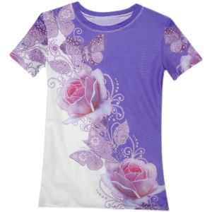 REHIN Womens top mesh print smudge short sleeve T-shirt round neck slim and thin elegant blouse