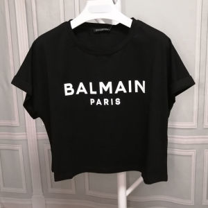 Original BALMAINˉPARIS Summer Womens Roll Sleeve T-shirt Letter Flocking Chen Yuqi Zeng Keni Same Short-sleeved Tshirt Cotton Casual T Shirt Sports Tee top