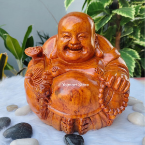 Wooden Laughing Buddha attract good fortune good luck wisdom wealth activator protector figurine.