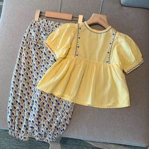LS Show Girls T-shirt Two-piece Summer Short Sleeve Mosquito Repellent Pants Bubble Sleeve Set Baby Princess Style Top Childrens Two-piece Set