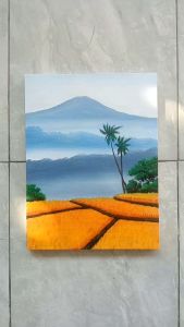 Lukisan Kanvas Canvas Hiasan Pajangan Dekorasi Dinding Pemandangan Ruang Tamu Kamar Rumah Minimalis Aesthetic Handmade Asli Hasil Tangan Motif Sawah Kuning Ukuran 30x40cm