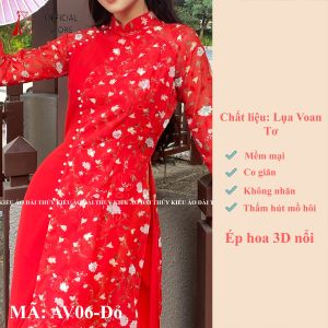 Áo dài Thiết kế truyền thống AV06 hàng may sẵn hoa nhí đính ngọc nền đỏ 4 tà voan tơ cao cấp áo dài Thúy Kiều đẹp giá rẻ