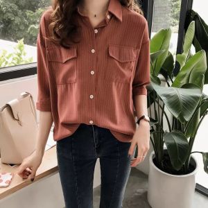 M-4XL Oversize Korean Style Striped Shirt for Women Casual Long Sleeve Blouse Top