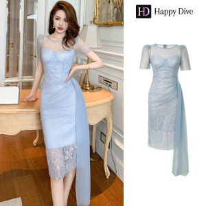 Happy Diva เดรสผู้หญิง เดรสสีฟ้า สีส้ม เดรสลูกไม้ เดรสทำงาน เดรสไฮโซ เดรสออกงาน เดรสไปงานแต่ง เดรสเซ็กซี่ เดรสฝรั่งเศส 20601