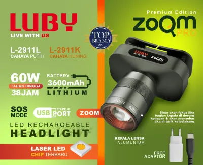 SENTER KEPALA LED 60W LUBY L-2911L - ZOOM PRO LASER - CAHAYA TERANG - ALUMINIUM - TAHAN LAMA - TypeC