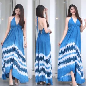 (ร้านค้าส่งไว) ชุดคู่รัก เดรสฟามิงโก้ รุ่น C ชุดเดรสไปทะเล ผ้าสปัน ผ้ามัดย้อมครามฮักธรรมชาติ เดรสไปทะเล มัดย้อม