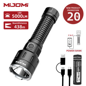 MIJOMI Flashlight J100 5000 Lumens Super High Brightness 21700-5000mAh Rechargeable Flashlight Portable IP68 Waterproof Flashlight with 438m long beam Distance Torch USB Type-C Rechargeable Output Power Torchlight for Emergency Home Fishing Camping