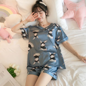 2pcs women Pajamas set silk short sleeve cute Cartoon loose nightwear + casual shorts sleepwear
