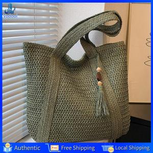 [Vodool Home Mall] Hand-Woven Handbags Summer Straw Woven Bag Fashion Handmade Simple Large Capacity with Tassel Pendant Casual Tote Purses
