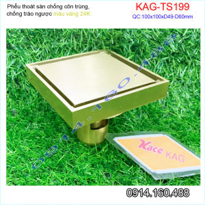 Thoát sàn vàng 24K KAG-TS199 vuông 10x10cm ống D49-60-90 thoát sàn chống hôi phễu thu nước mặt vàng óng ánh thiết kế sang trọng sử dụng tốt