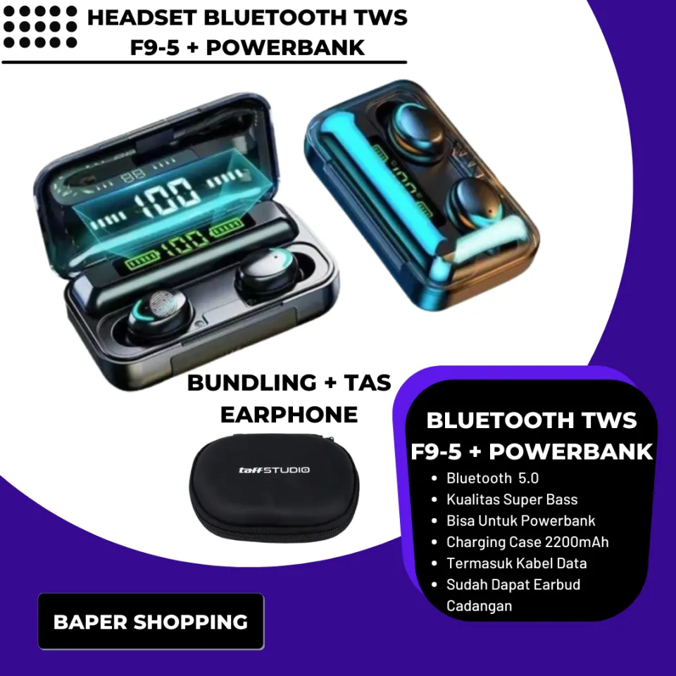 Headset Earphone Bluetooth TWS F9-5 With Powerbank 2200mah Bass