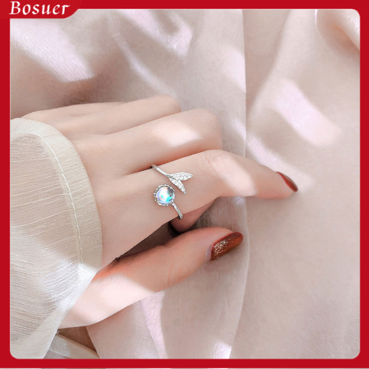 【Bosuer💛COD】Cincin Ekor Ikan Ins Manis Cincin Jari Telunjuk Batu Bulan Cincin Jari Telunjuk Gaya Mori Busa Putri Duyung Wanita