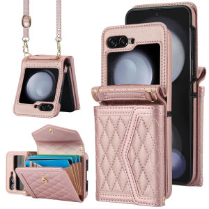 Crossbody Cards Solt Wallet Leather Case For Samsung Galaxy Z Flip 7 6 5 4 Flip5 RFID Lanyard Bag Diamond Shoulder straps Cover