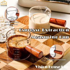 Vision Heat-resisting Coffee Glass Espresso Measuring Cup with Wooden Handle High Borosilicate Glass Mini Cup Milk Cup with Scale Measure Mugs