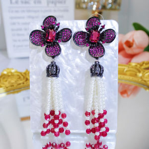 Sequito thời trang nữ trang sức tiệc tối mạ vàng màu đen Pave Fuchsia AAA hoa Zirconia Charming siêu dài bông tai thả tua rua với hạt nhỏ se930