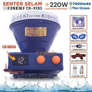 Senter Kepala Selam KISEKI CK-X13D 220W 7000mAh | Senter Selam Headlamp Super Bright Cahaya Putih Super Terang Bonus Kacamata Renang + Tasbih Digital | TOKO SINAR AUDIO