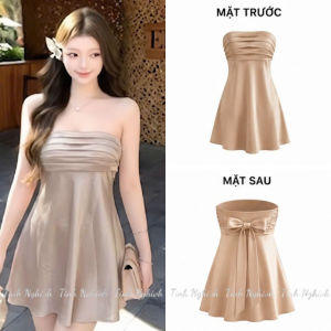 Đầm form babydoll ngắn chất Lụa Tráng Gương - Thiết kế dáng quây ngang xếp ly thắt dây nơ lưng